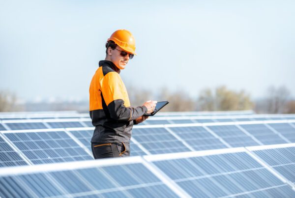 Ingenieur in beschermende werkkleding voert onderhoud uit aan Futech's innovatieve zonnepanelen. Om de beste kwaliteit en prestaties te garanderen.