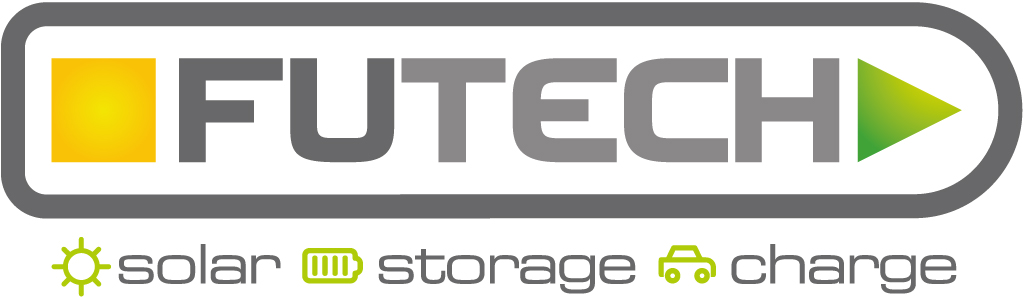 Logo van Futech, met gestileerde afbeelding van een zonnepaneel gecombineerd met een groene en blauwe kleurstelling die duurzaamheid en technologie symboliseert.